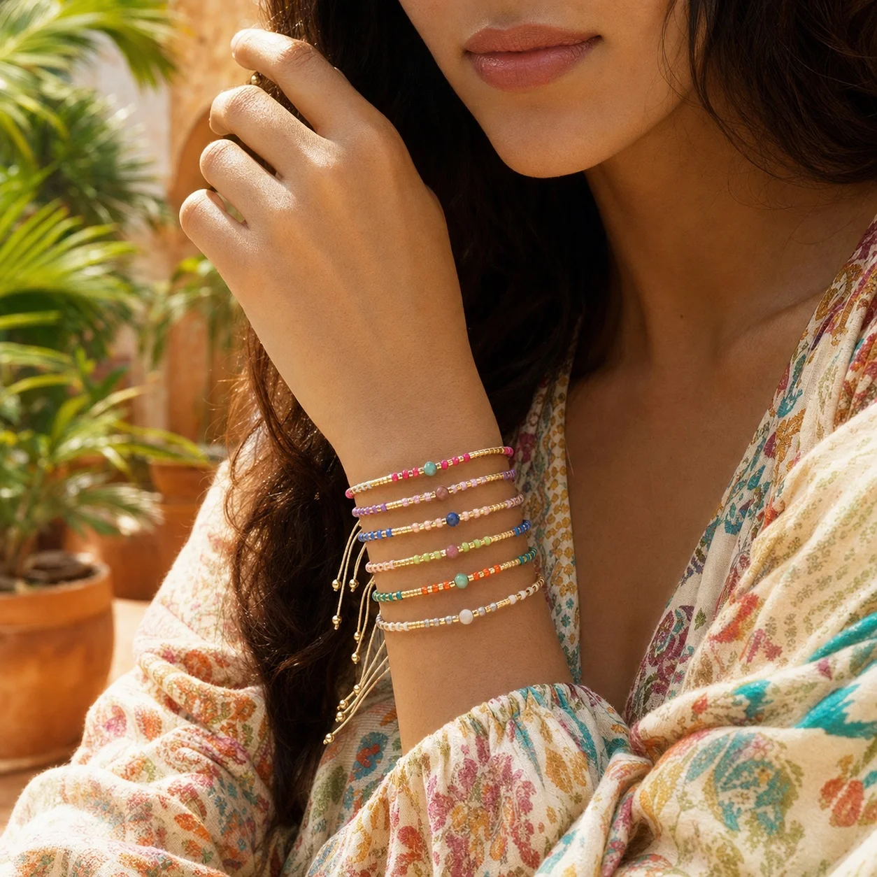 6pcs Colorful Round Semiprecious Beaded Tie Bracelet with Copper Beads Boho Layered Style for Women Vacation Jewelry