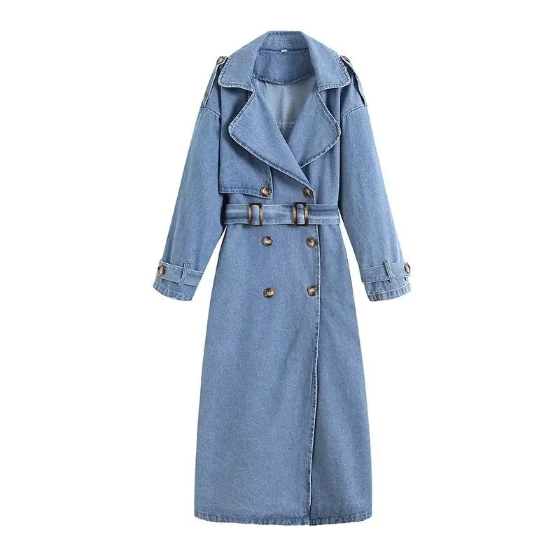 

Loose Double-Breasted Denim Style Coat with Waist Belt Women's Jacket Outerwear Casual Fashion Windbreaker