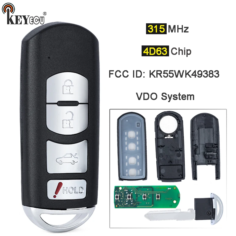 KEYECU 315MHz 4D63 Chip FCC ID: KR55WK49383 VDO System Smart  Remote Key Fob for Mazda 6 2009 2010 2011 2012 2013