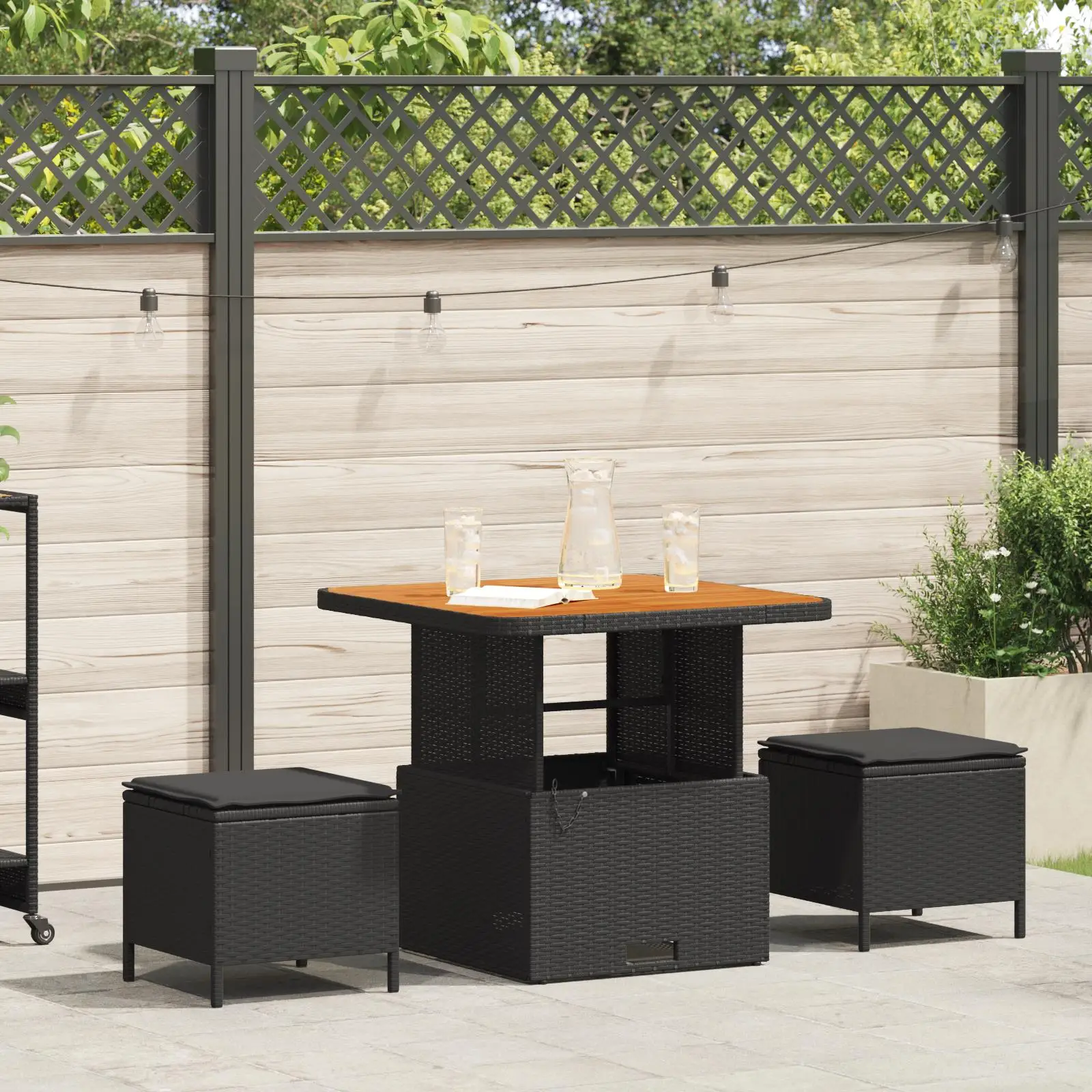 

Stylish 3 Piece Black Poly Rattan Garden Dining Set with Cushions Acacia Wood Furniture