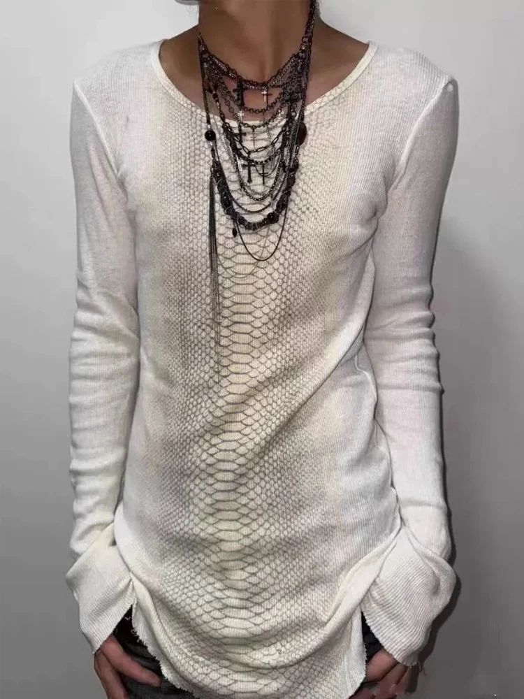 Women's Black Snake Pattern Long Sleeve Shirt Crew Neck Slim Fit Curved Hem Vintage Grunge 90s Indie Street Style Casual Top