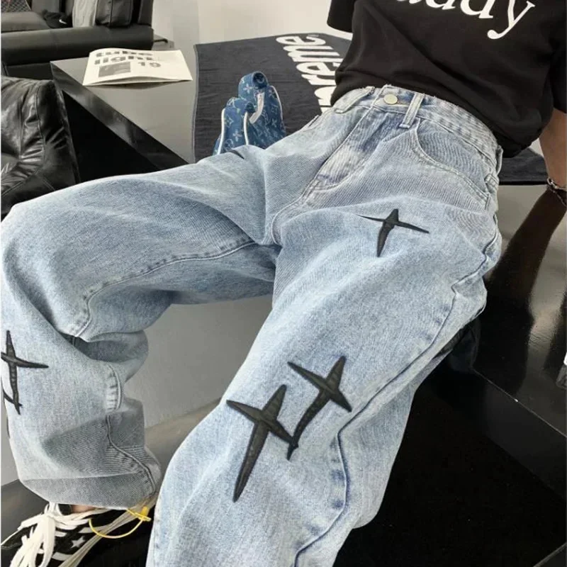 

Wide Leg Print Jeans Men New Streetwear Y2K Korean Fashion Straight Casual Loose Denim Cargo Pants Hip Hop Style Male Trousers