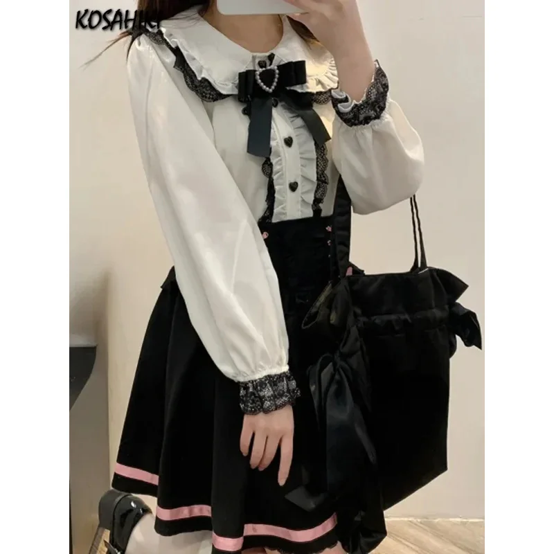 

Милые блузки в стиле Лолиты, женские весенне-летние японские модные рубашки в стиле Харадзюку с кружевным бантом и длинными рукавами, девчачьи топы Kawaii, Blusas Camisas