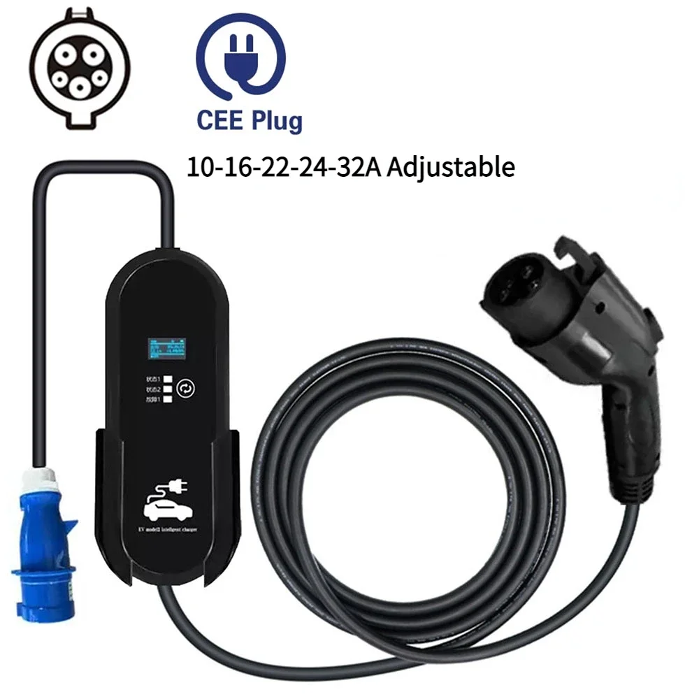 EV Charger Portable Electric Car Charging Box 16A 24A 32A Adjustable with Type 1 J1772 Plug Cee Outlet Standard