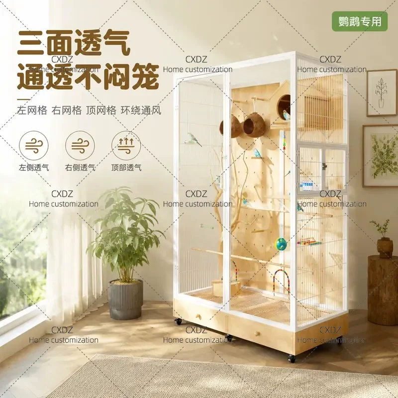 Large Panoramic Bird Cage Luxury Villa Style Parrot Cage Diamond Gray DIY Ecological Habitat for Macaws and Large Birds
