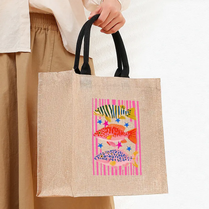 

Maximalist Tropical Fish Trio Linen Tote Bag Durable and Stylish Fabric Closure for Shopping Travel Outdoor Bags Fish Lover Gift