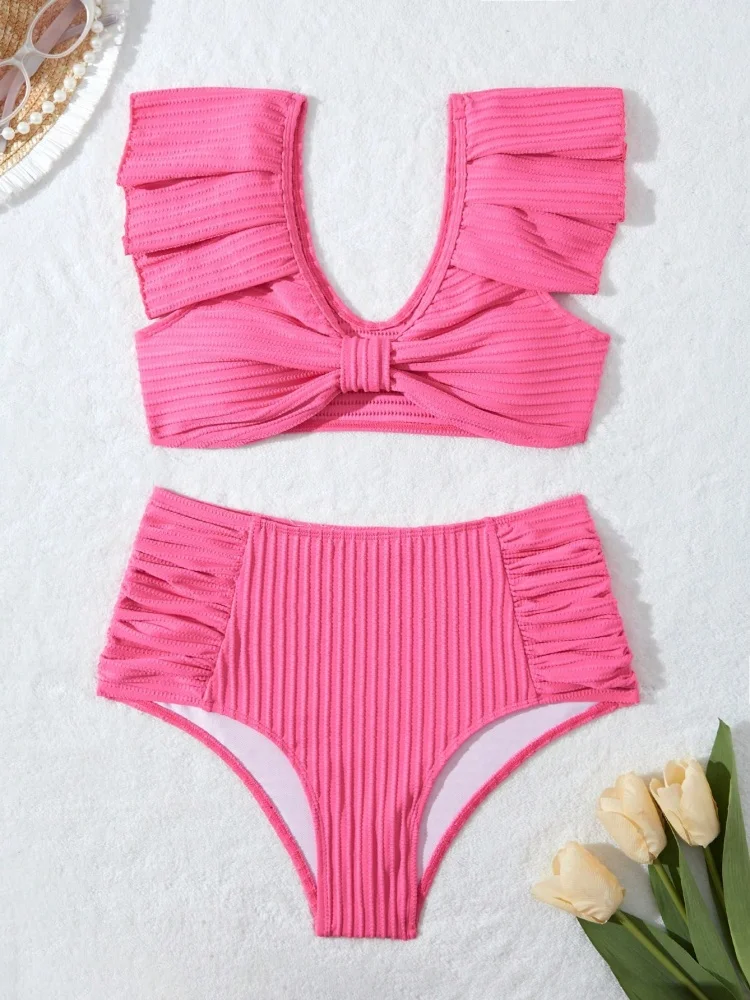 

Женский купальник бикини, новинка 2025, однотонный комплект бикини в рубчик с рюшами, сексуальный купальник с высокой талией, летний пляжный купальный костюм, женский