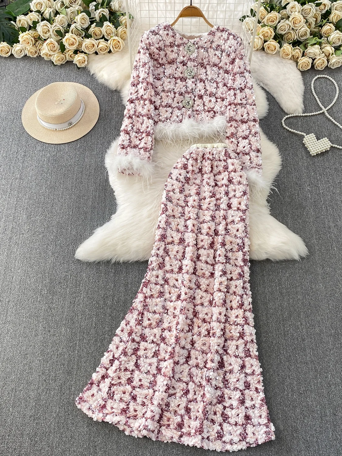 

Открытый кардиган из меха Ele Diamond Embellied в стиле пэчворк и длинная юбка с пайетками, комплект из двух предметов, роскошный коврик, зимняя одежда...