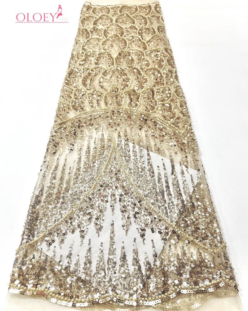 

African Nigerian High-Quality Beaded Embroidery Lace French Net Tulle with Sequins for Luxury Weddings And Parties Women'Fabric