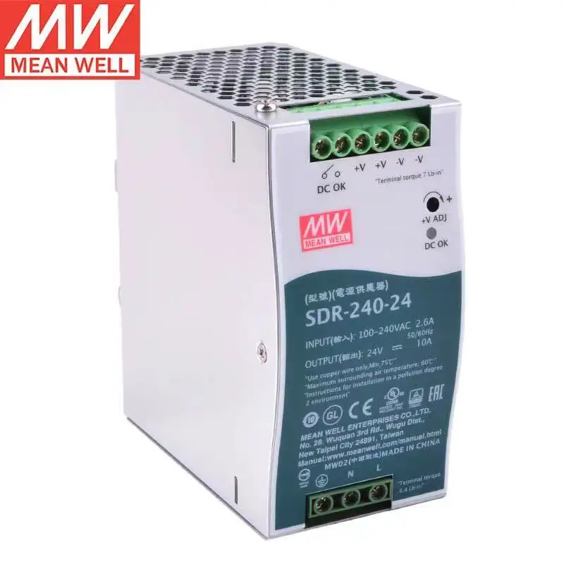 

MeanWell SDR-240-24 24V 10A 240W Single Ouput Industrial DIN RAIL with PFC Function Built-in DC OK relay contact Switching Power