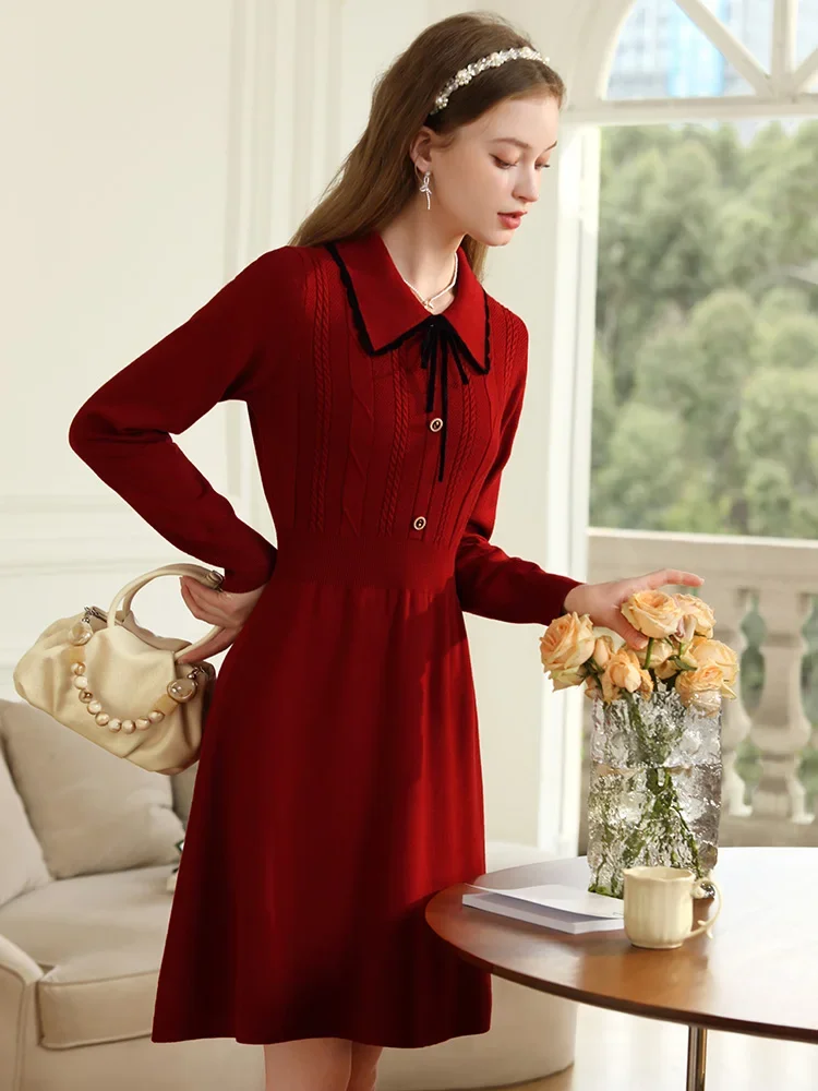 I BELIEVE YOU Fall Clothes 2024 Women Slim Vintage Red Dress Long Sleeve Knitted High Quality Modest Dresses Elegant 2234135290