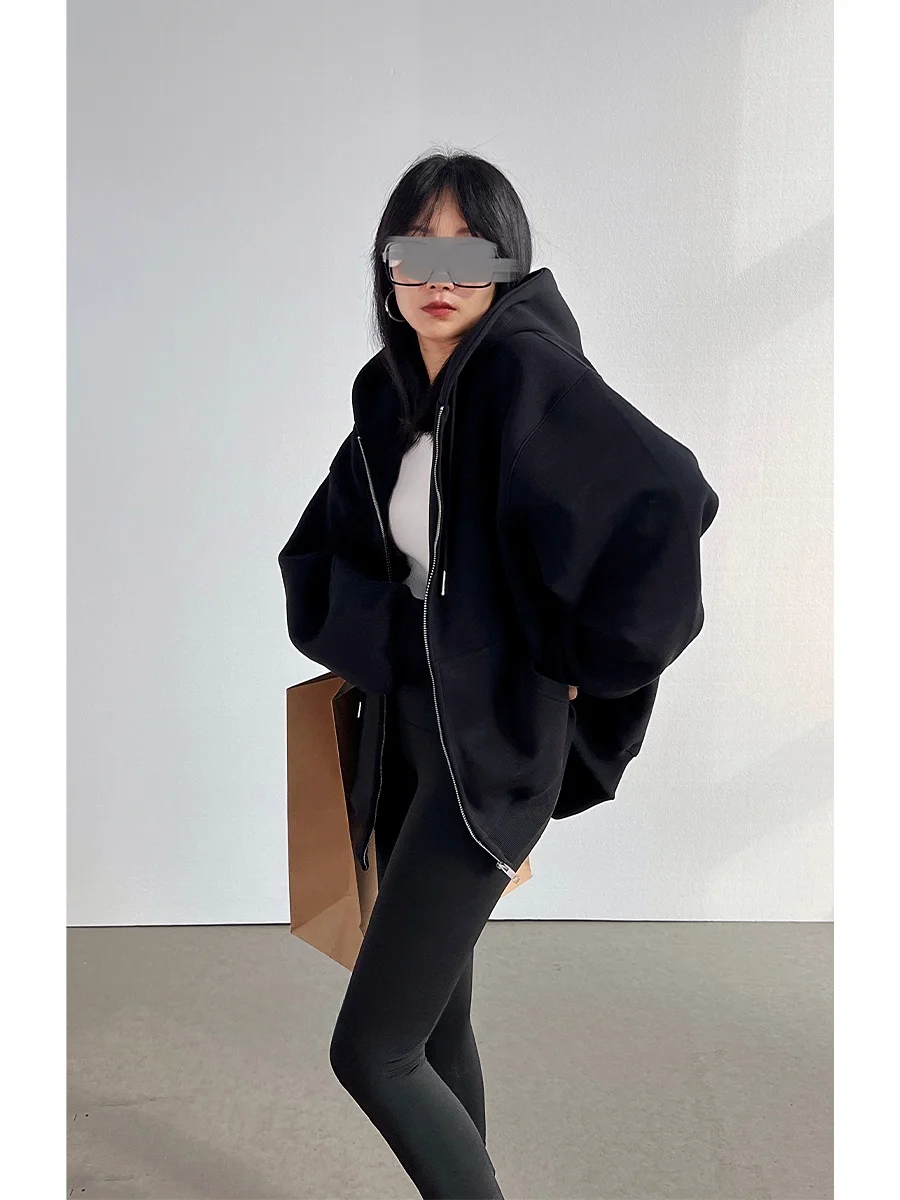 

Bla Hooded Thiened Long Women's Sweatirt Zipper Design Breathable Cotton Casual Sle Spring Autumn New Arrival