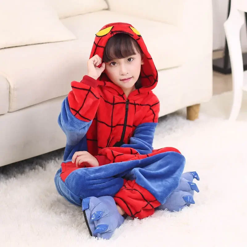 Movie Marvel Spider-Man Creative Children's Pajamas Autumn and Winter One-piece Coral Velvet Casual Long-sleeved Home Clothes