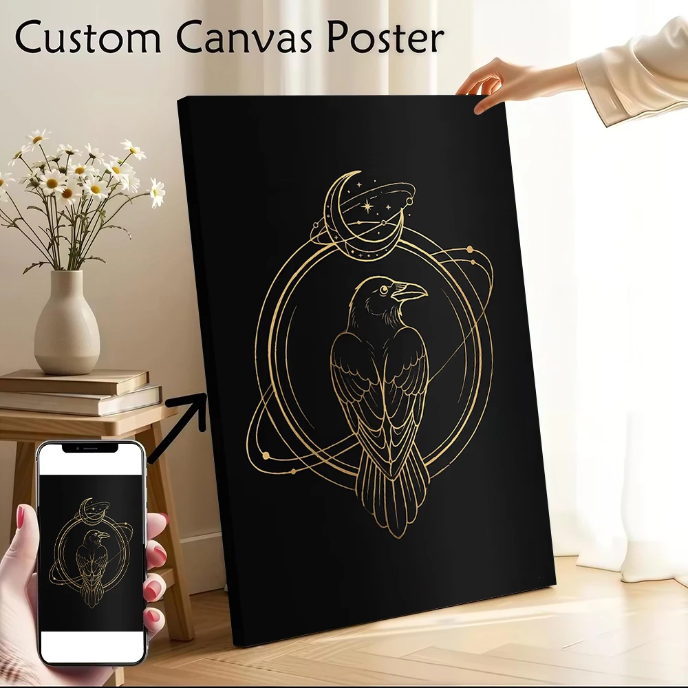 

Golden Raven and Celestial Orbits Printed Canvas Poster Custom Pictures Wall Art Canvas Painting for Wand Deko Room Ornaments