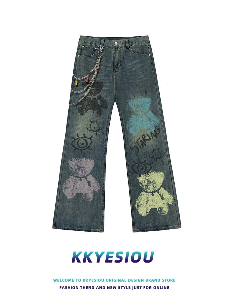 

KKyesiou American Retro fiti Bear Denim Jeans High Waist Straight Leg Casual Trousers for Men And Women Wear Resistant