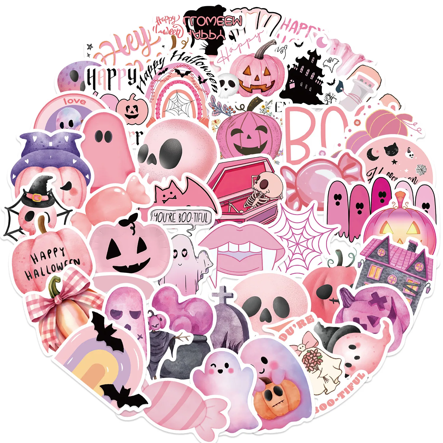 50pcs Pink Halloween Graffiti Stickers Set for Decorative Notebook Luggage DIY Waterproof Decals for Autumn Festive Crafts