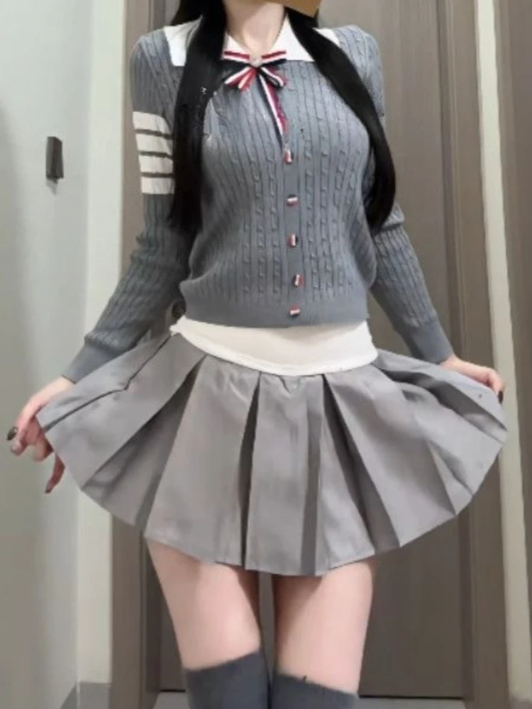 British Preppy Style 2 Piece Set Women Polo Collar Bow Striped Sleeve Cropped Sweater High Waist Pleated Mini Skirt Slim 2026