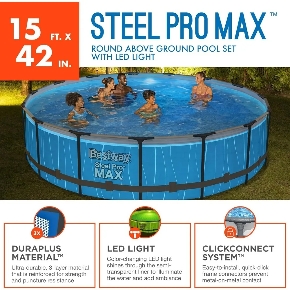 Above Ground Swimming Pool | Round Outdoor Backyard Family Pools with Color-Changing Pool Liner | Features 7-Color LED Lights