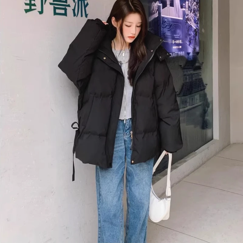 Hooded Parkas ผู้หญิง Thicken ฤดูใบไม้ร่วงฤดูหนาวทุกวันหลวมริบบิ้น Outwear สบายๆเกาหลีสไตล์ Chic High Street หญิงเสื้อ