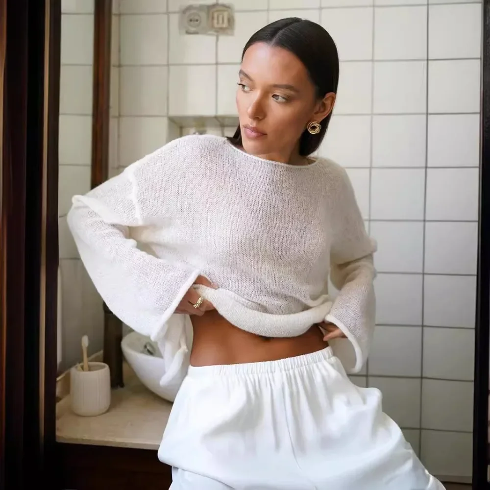 

White Long Sleeve Sweaters for Women Sexy See Through Knit Pullovers Autumn Winter Elegant Solid Basic Casual Loose Jumpers 2024