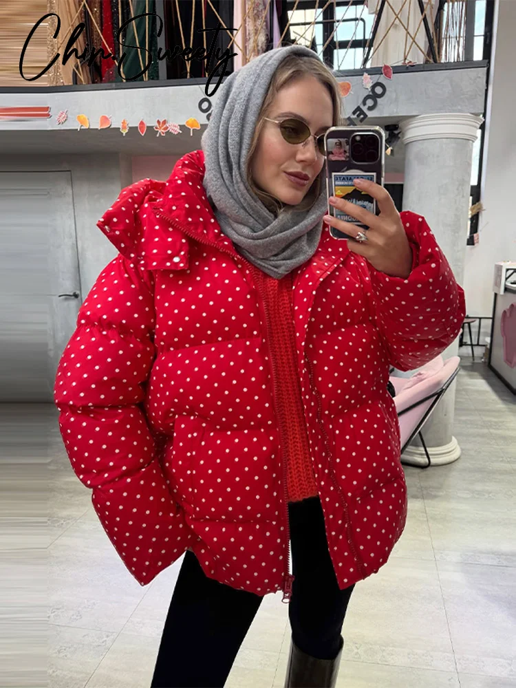 Cappotto in cotone addensato da donna con stampa casual Elegante cerniera a maniche lunghe Tasca con cappuccio Giacca femminile 2025 Inverno Chic Lady Outwear Nuovo