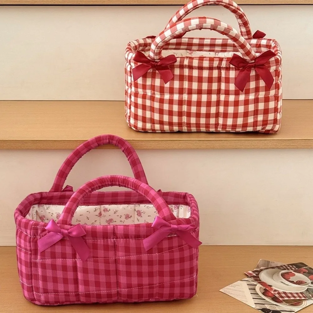 Quilted Craft Lunch Bag Bow Decor Portable Handle Storage Basket Two Colors Optional Plaid Design Fabric Organizer Commute