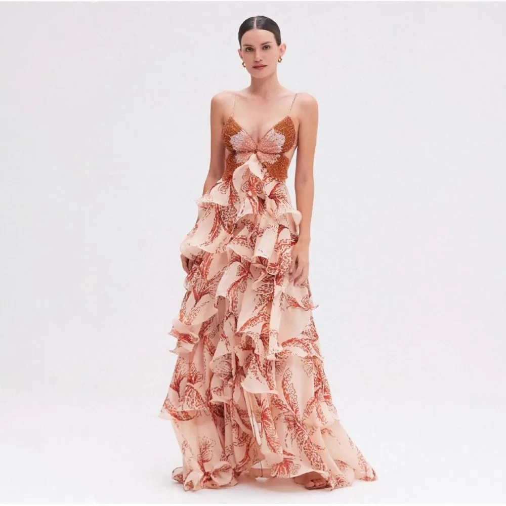 Sexy V-neck Sleeveless Lace Up Cake Dress,summer Backless Hollow Bohemian Long Dress,unique Pattern Printed Ruffle Women's Dress