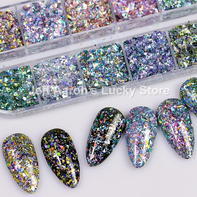 Gel de uñas en polvo con purpurina, lentejuelas, forma Irregular, camaleón para decoraciones de Arte de uñas, 12 colores