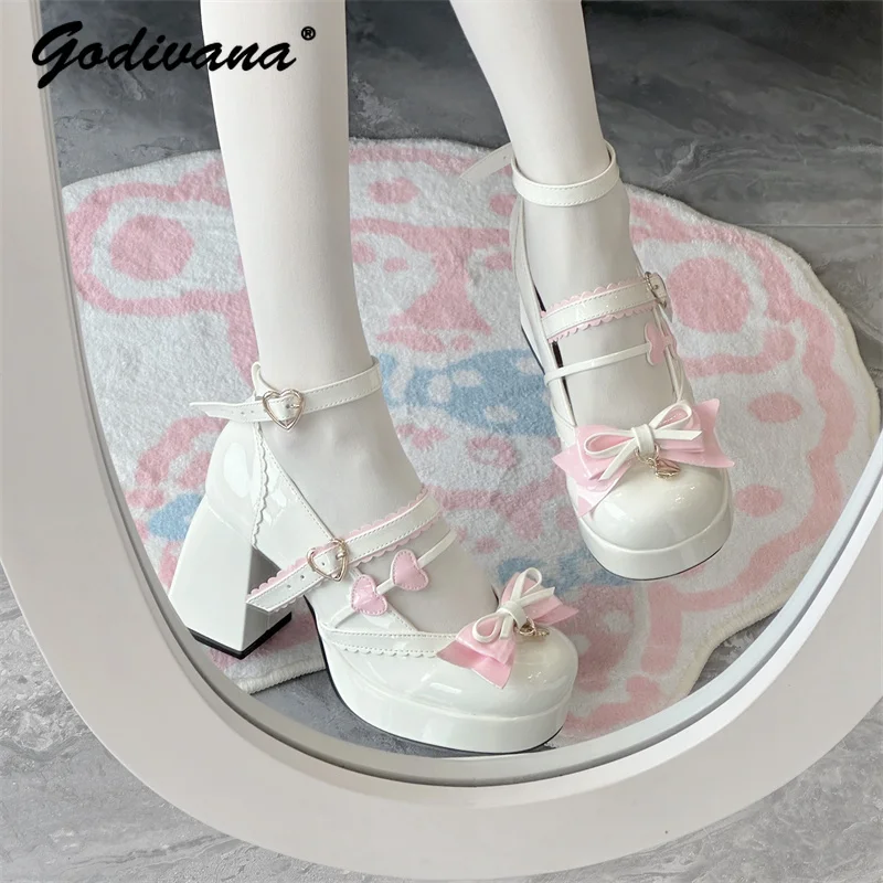 

Lolita High Heels Original Ladies Elegant Round Head Chunky Heel Cute Bow Spring and Autumn Girls Mary Janes Leather Heels