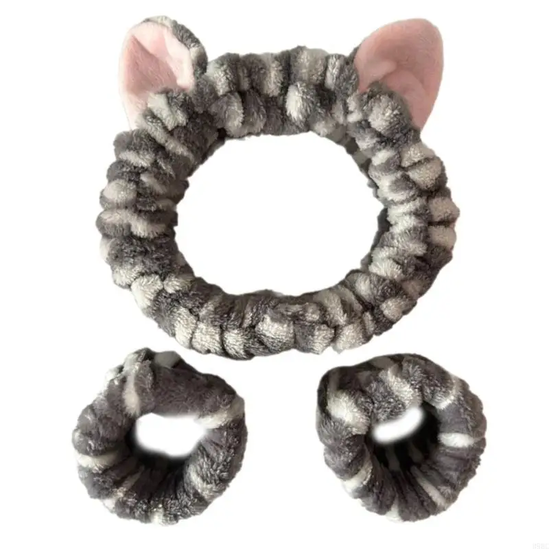

39BC 1set Women Plush Hairbands&Wristband Kitten Plush Headband Wash Face Supplies