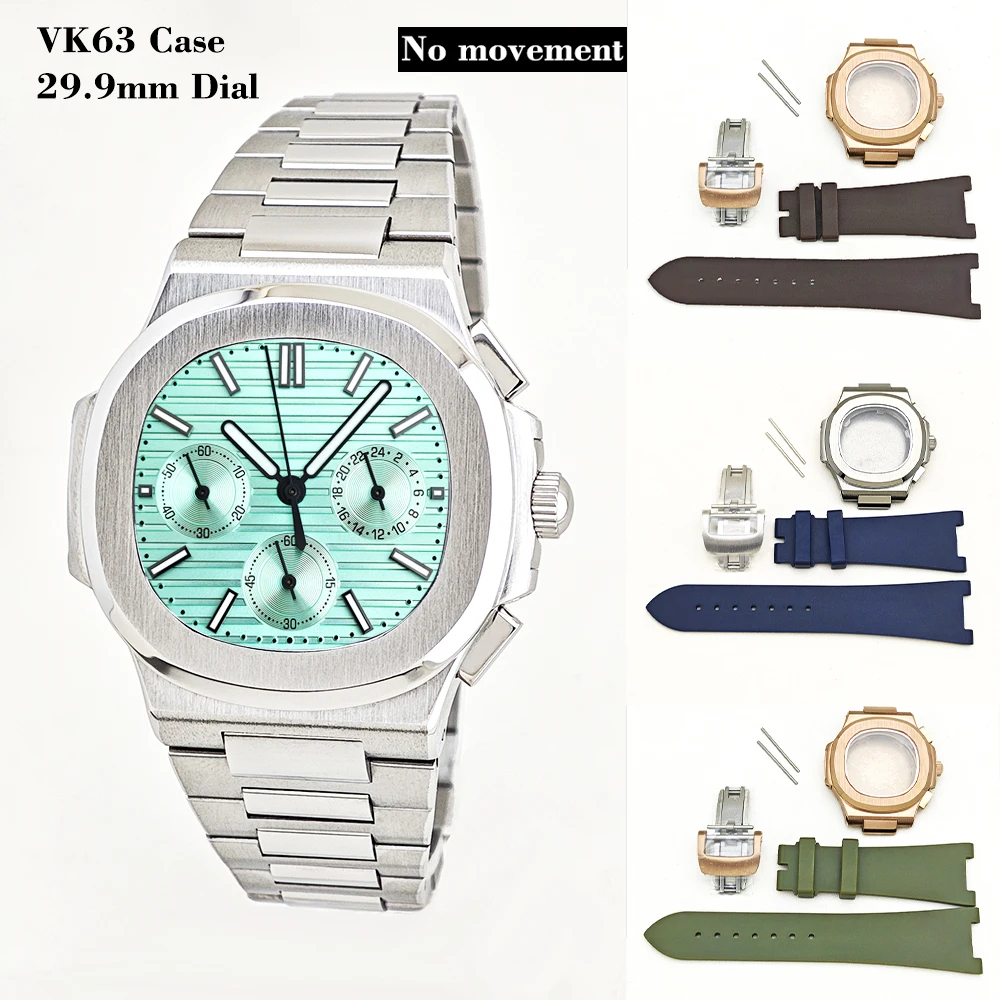 SUPER VK63 42mm Chronographen-Uhrengehäuse Passend für 29,9mm Zifferblatt Gummiarmband Ohne Logo Für PP Nautilus VK63 VK61 Uhrwerk Mod-Teile