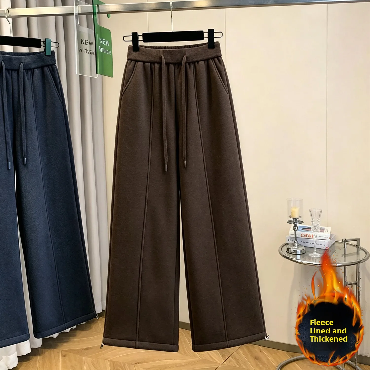 Casual Thickened Fleece Wide Leg Pants Women's High Waist Cotton Blend Stretchy Sports Sweatpants Straight Cut Loose Slimming