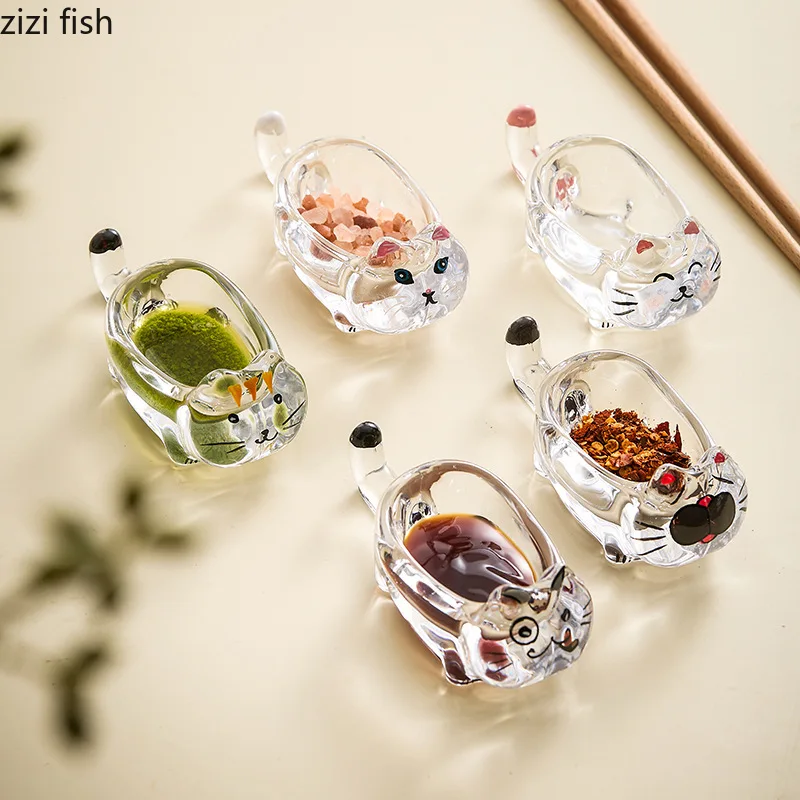 Cat Crystal Glass Seasoning Dish Dipping Saucer Sauce Dishes Chopstick Holder Soy Sauce Vinegar Dish Spice Dishes Spice Bowl