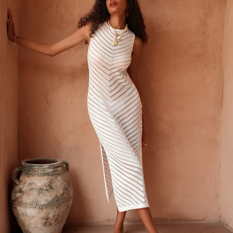 Robe de plage en tricot transparent sans manches pour femmes, Slim, fente latérale, Crochet, Cover-Up pour Bikini, Sexy, longue, été, 2025