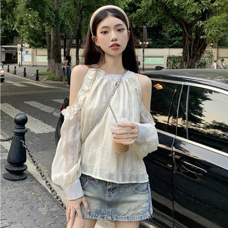 French Style Strapless Chiffon Blouse Women New Loose Solid Color O-neck Long-sleeved Versatile Office Lady Daily Tops Female