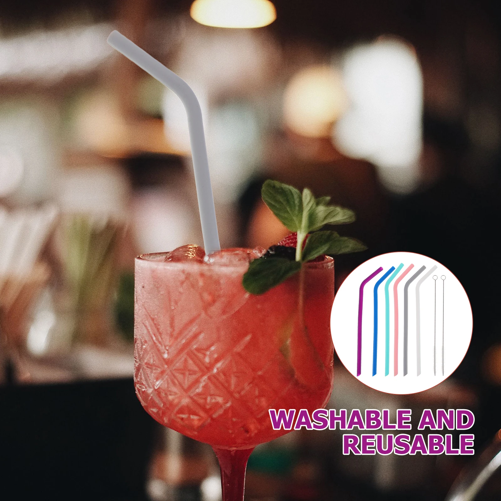 

1Set Silicone Straws Reusable Short Metal Straw with Brush Bar Party Drinking Smoothie Juice Cocktail Decorative Straw Set