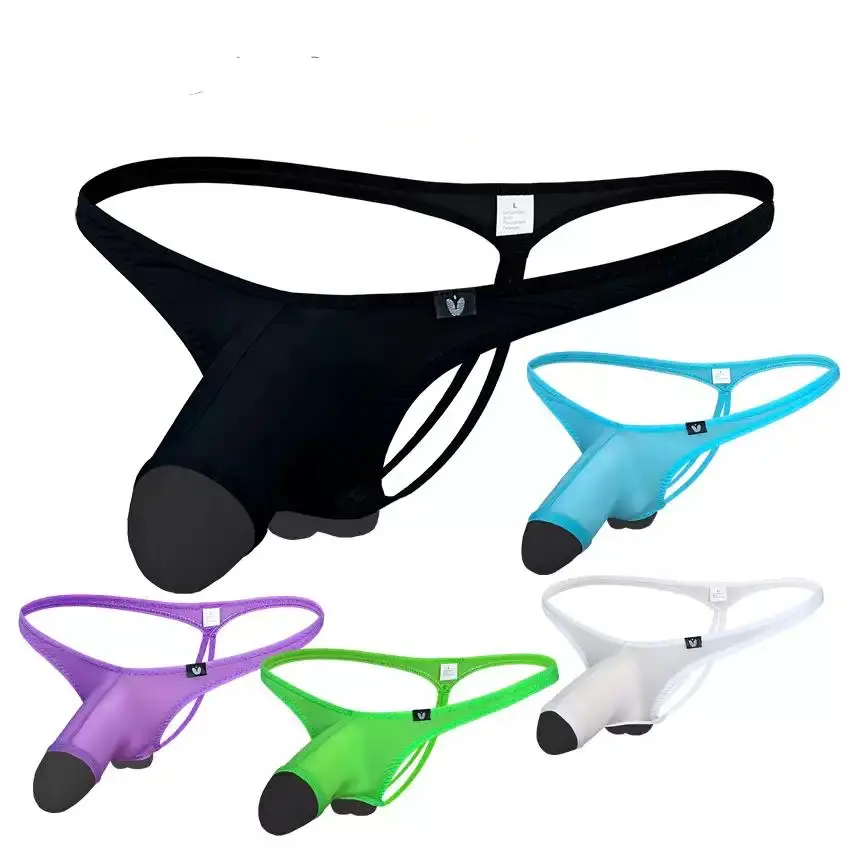 Men\'s Sexy Low Waisted Thong With Short Elephant Trunk Ice Silk Thin Cut Hollowed OutThin Straps Solid Color Underware