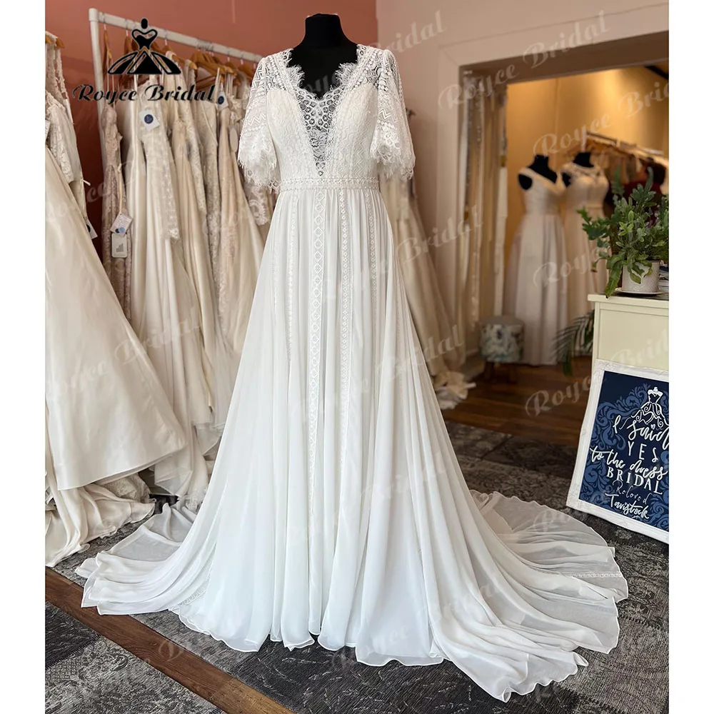 Elegante abito da sposa a maniche corte Boho in pizzo Chiffon con scollo a V bohémien per la sposa 2024 abito da sposa per donna robe de mariee boheme