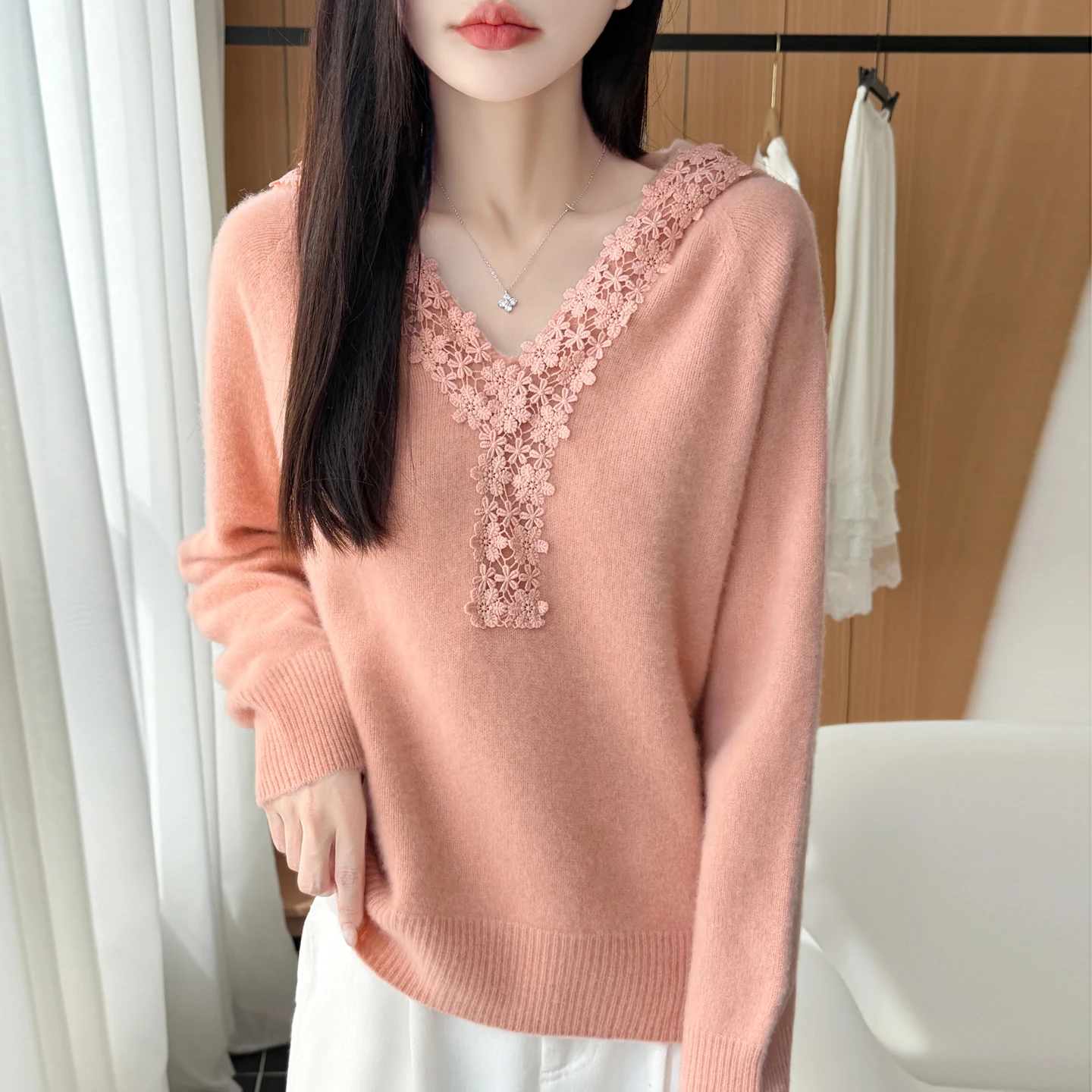 Women's Sweater Pullover Hoodie 100% Merino Wool Knitted Sweater Jacquard Hooded Collar Seamless Autumn Winter Casual Loose Tops