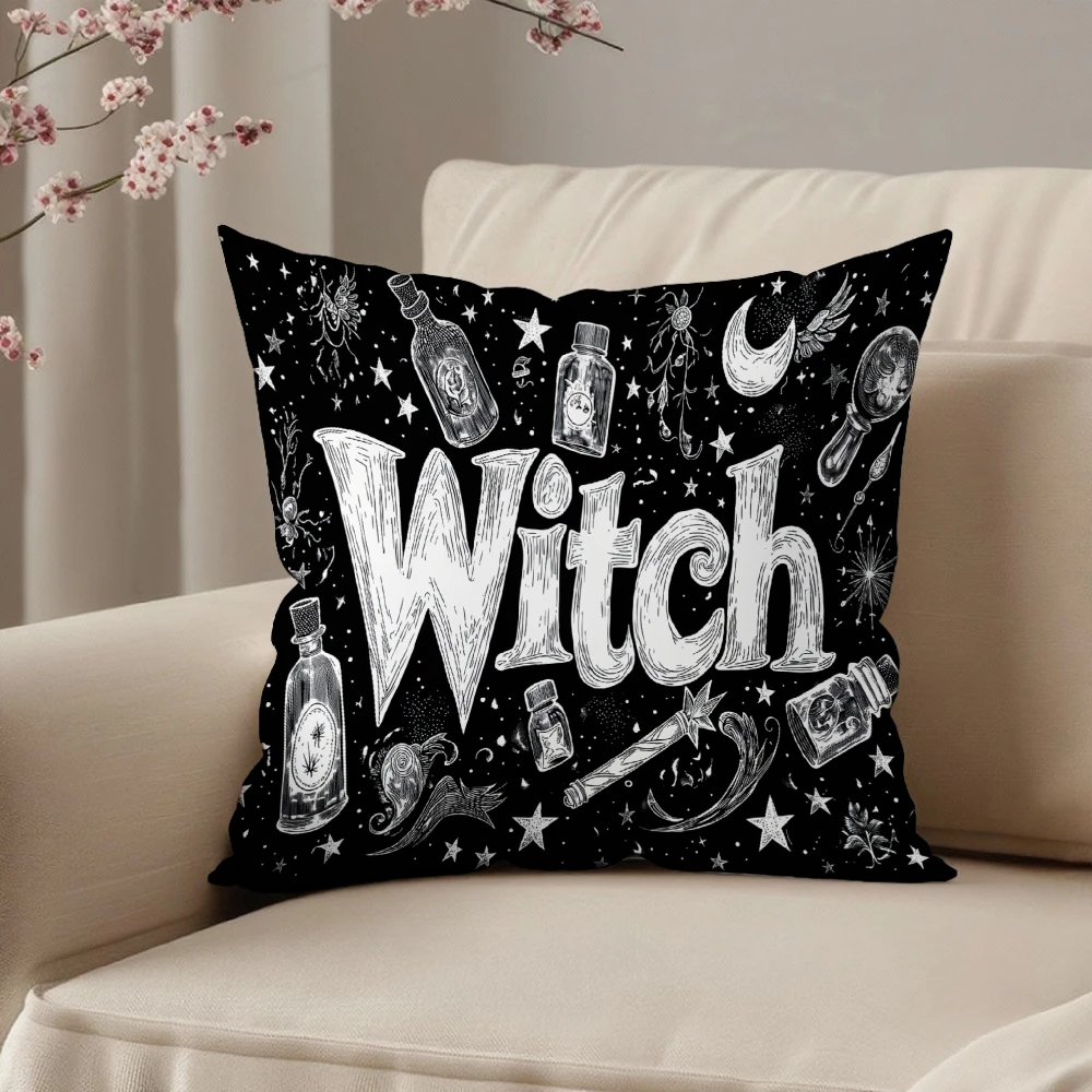 Square Throw Pillow Case Black Witch Text With Magic Potion Bottles Moon Stars And Wand Print For Halloween Home Sofa Bedroom De