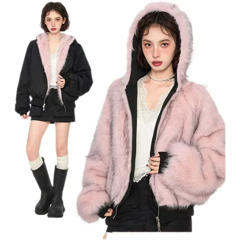 

2025 new double-sided wear American street hooded jacket Y2K retro fashion women thickened warm hooded short cotton jacket