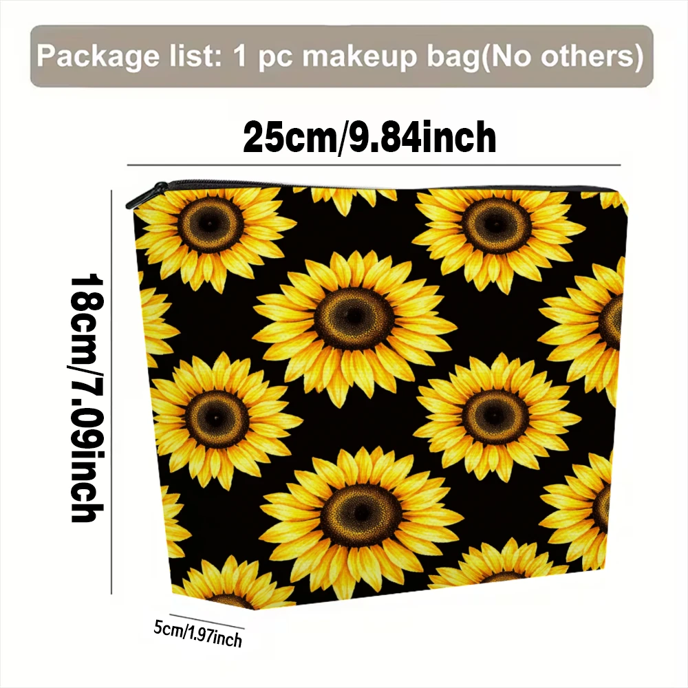 Sunflower Pattern On Black Background Makeup Bags for Girls Cosmetic Pouch Toiletry Bag Pencil Case Travel Storage