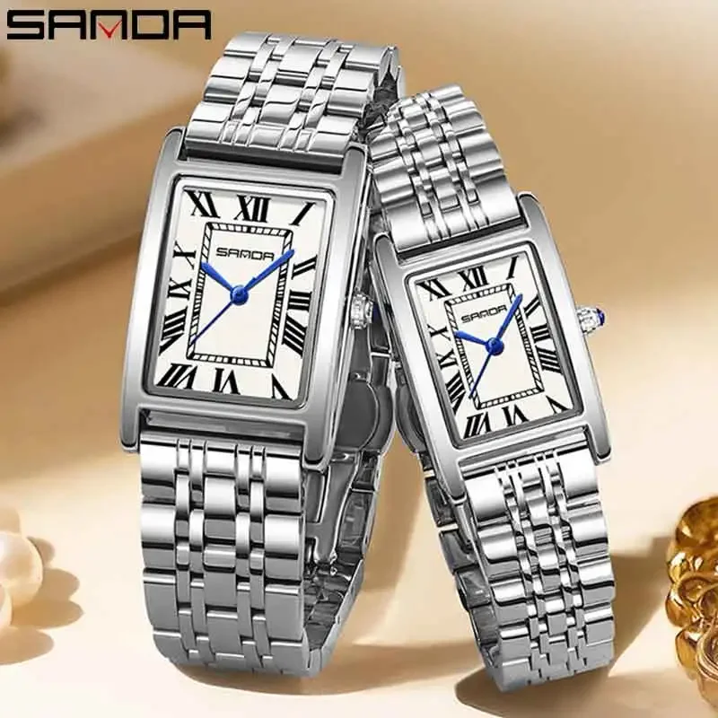 SANDA Top-grade Couple Tank Watch Elegant Design Rectangular Dial Waterproof Quartz Movement Stainless Steel Luxury Lovers Watch
