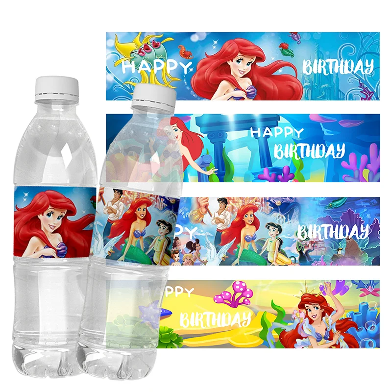 6Pcs Disney Cartoon The Little Mermaid Birthday Water Bottle Labels Water Bottle Sticker Anniversary packing Decoration supplies