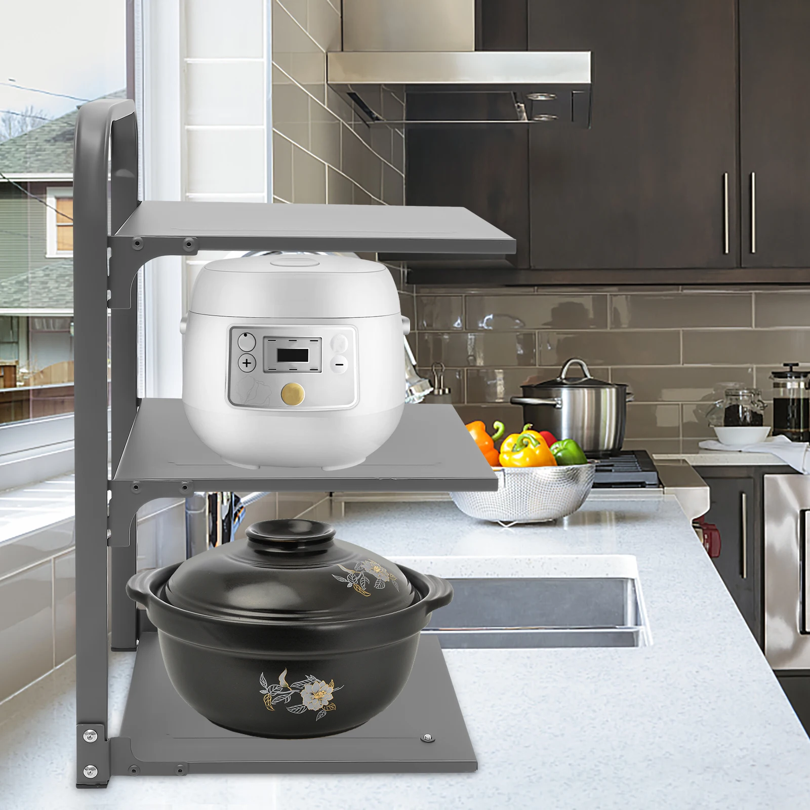 

Collapsible 3 Pot Rack Heavy Duty Multi Layer Pan ganizer Carbon Steel Pan ganizer Foldable Kitchen Storage Round Gray