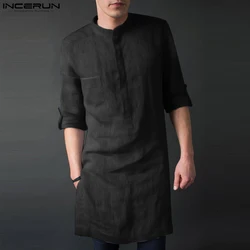 INCERUN Men's Long Sleeve Midi Men T-shirts New Fashion Muslim Clothing Solid Color Indian Kurta Teenager Kaftan 2024 Shirt 5XL
