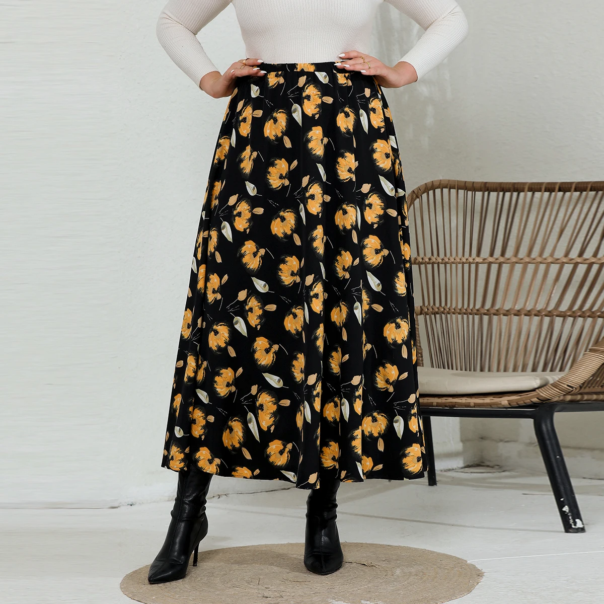Plus Size Skirt New 2024 Floral Print Skirt Women‘s Clothes Casual Skirt For Spring & Summer Women\'s Plus Size Clothing L017