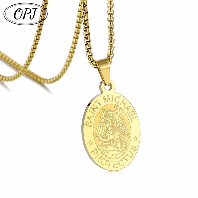 Saint Michael Pendant Necklace for Men Stainless Steel Christopher Medal Archangel Catholic Religious Boys Gift Jewelry