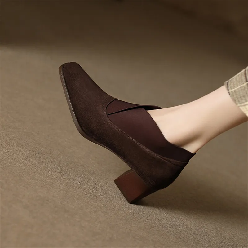 Hot New Spring Sheep Suede Women Shoes Square Toe Women Pumps Shoes for Women Chunky Heels Deep Mouth Loafers Zapatos Mujer