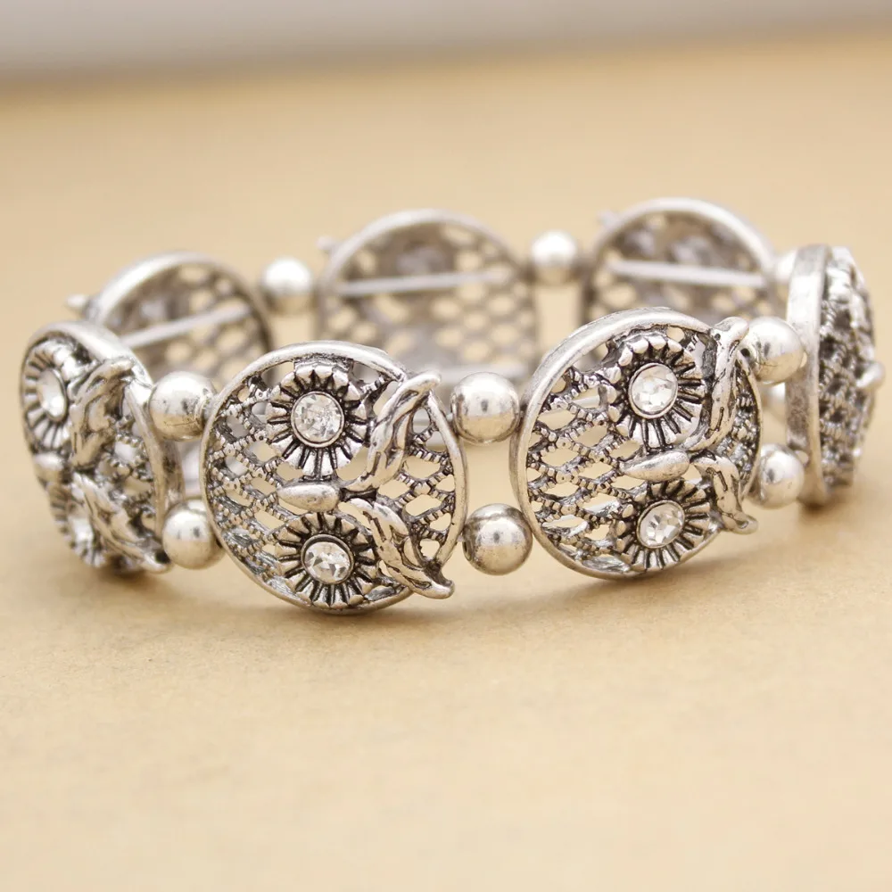 Vintage Silver Plated Ethnic Bracelet Greek Filigree Wisdom Owl Crystal Eye Stretch Viking Charms Bangle Cuff Indian Men Jewelry